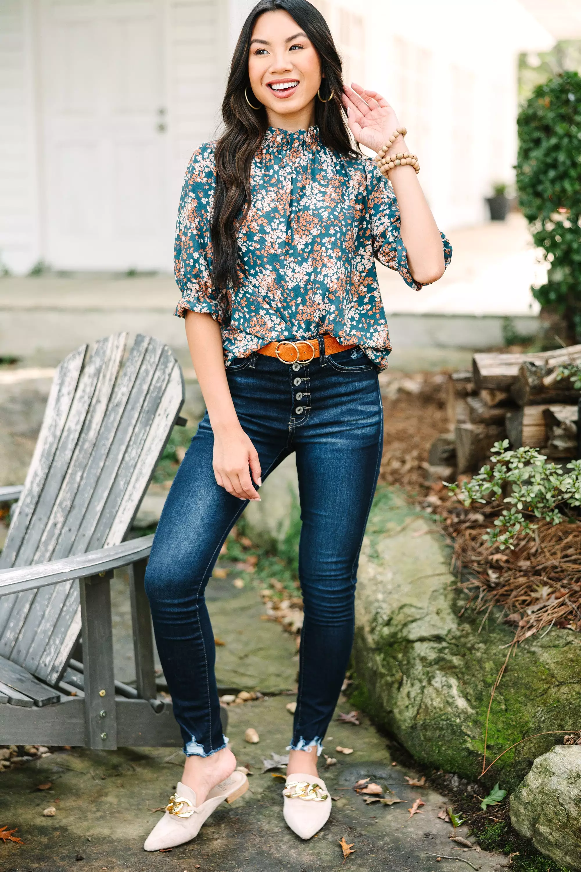 This Is The Time Teal Blue Ditsy Floral Blouse