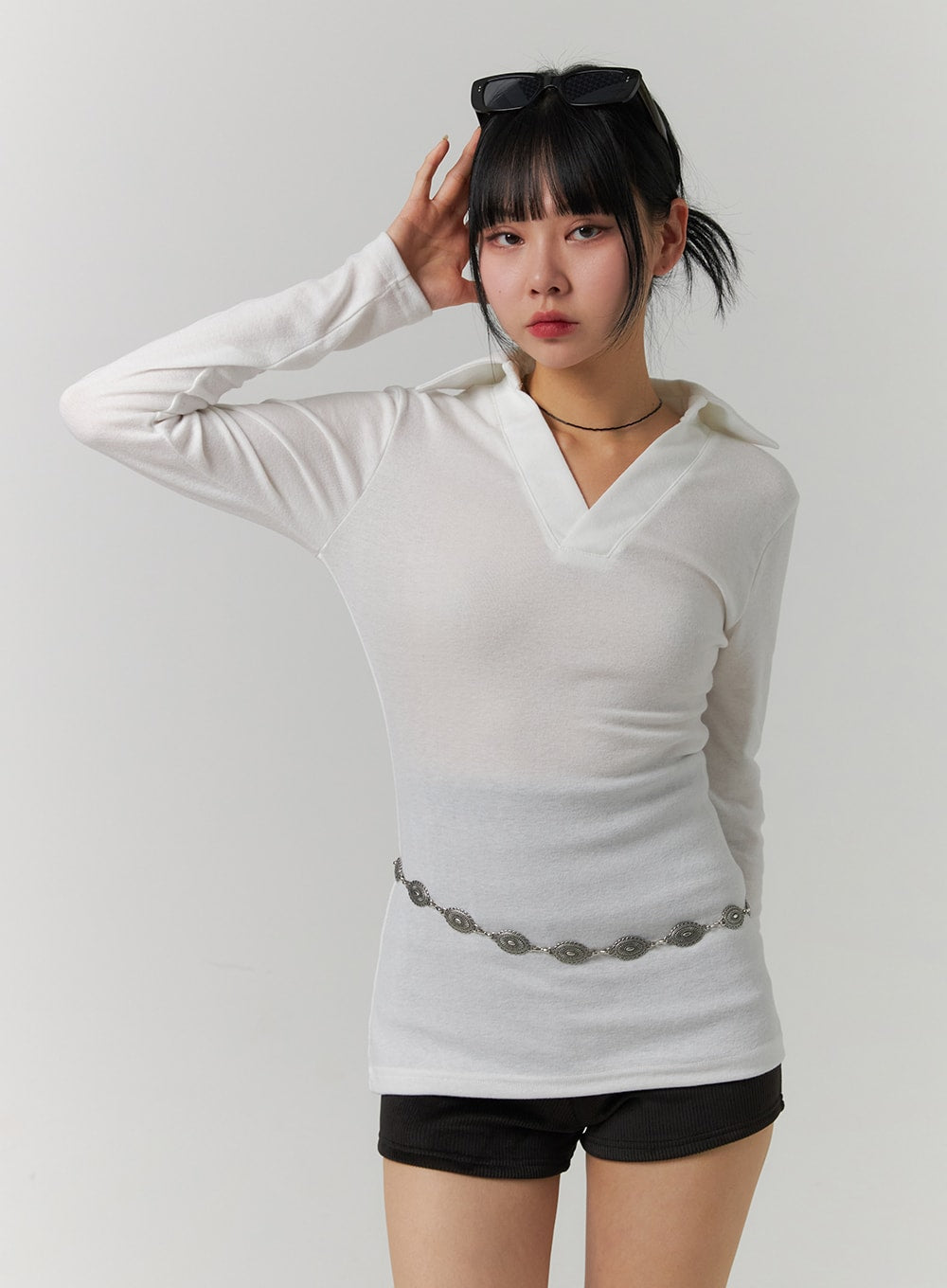 V-Neck Collar Long Sleeve Tee CJ419