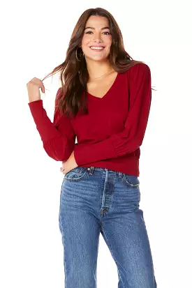 V-NECK SHIRRED SLEEVE RIB HEM TOP