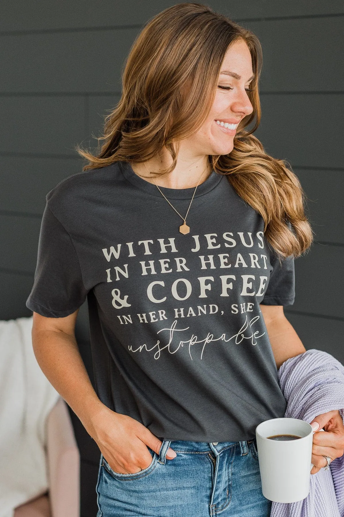 With Jesus In Her Heart Graphic Tee- Charcoal