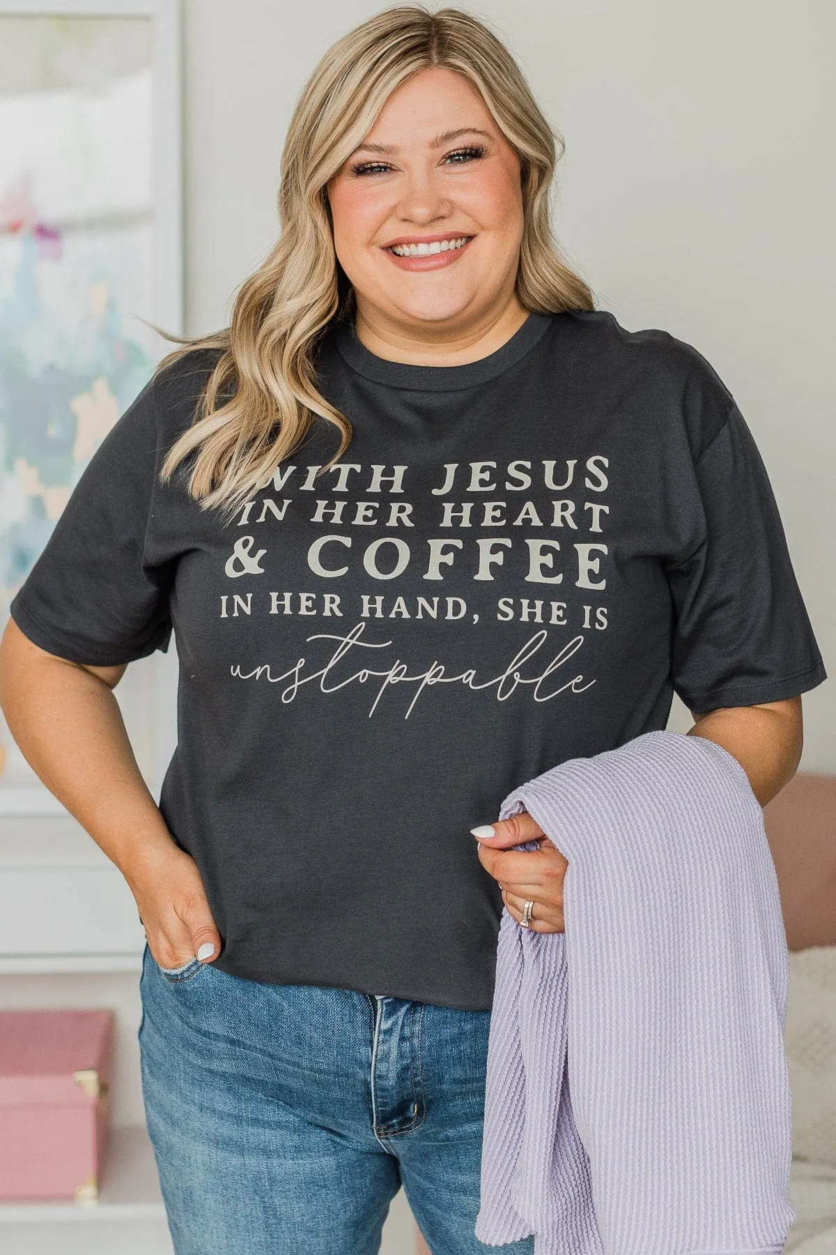 With Jesus In Her Heart Graphic Tee- Charcoal