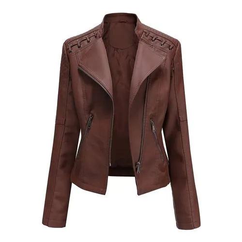 Women's Fashion Solid Color Zipper Coat Leather Jacket