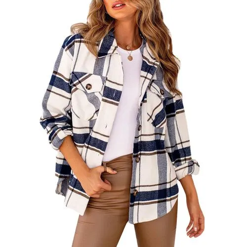 Women's Streetwear Tartan Single Breasted Shacket Woolen Coat