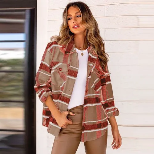 Women's Streetwear Tartan Single Breasted Shacket Woolen Coat