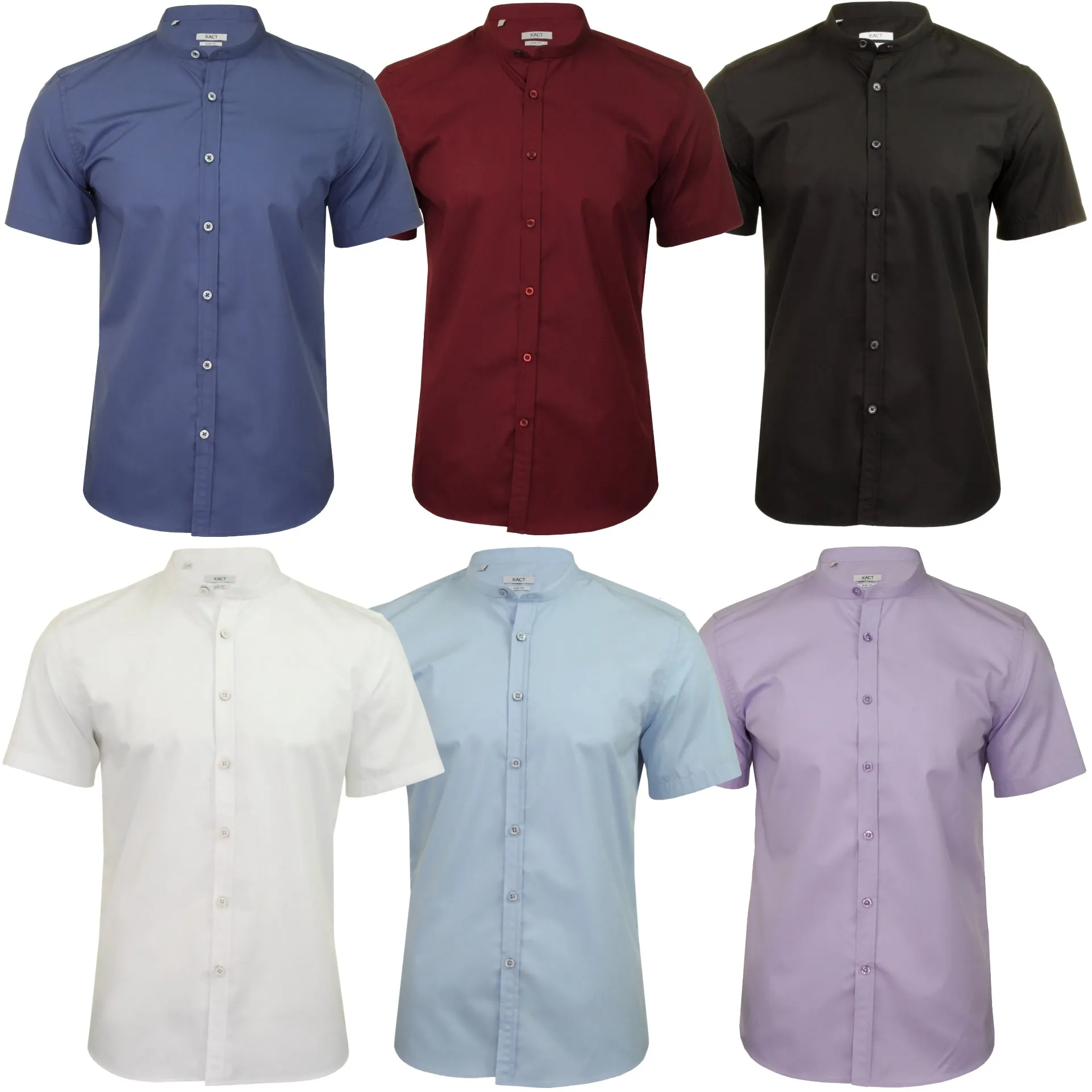 Xact Mens Grandad Collar Poplin Shirt Nehru - Short Sleeved - Slim Fit